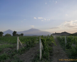 Der Sonnenuntergang ist nahe und der Anblick des Kleinen und Großen Ararats bildet die Konstante in dieser geschichtsträchtigen Landschaft.